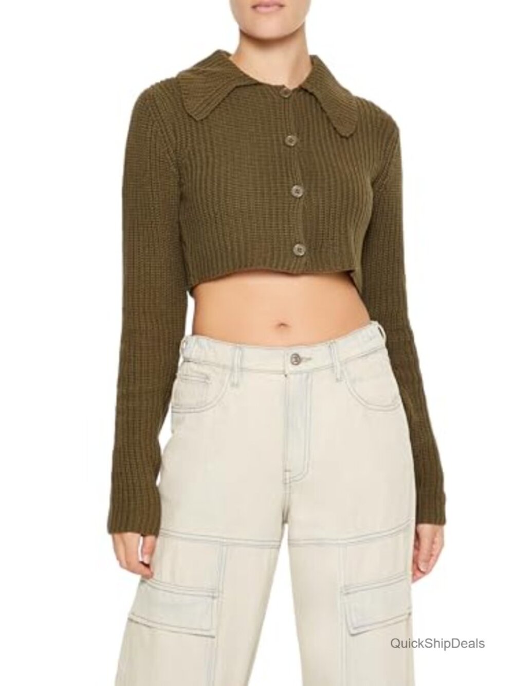Forever 21 Cropped Rib-Knit Cardigan Sweater Long Sleeve Button Front